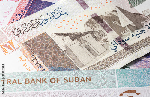 Close up to hundred pounds of the Republic of Sudan. Paper banknotes of the African sudanese country. Detailed capture of the front art design. Detailed money background wallpaper. Currency bank note photo
