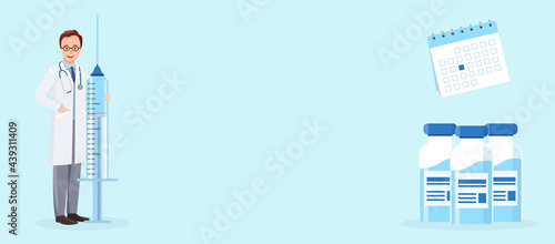 Doctor holding large syringe. blue banner template with an empty space for text.
