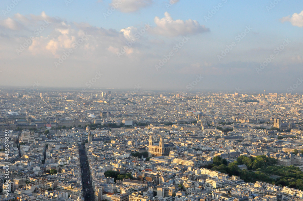 Paris from above in the fog cityscape