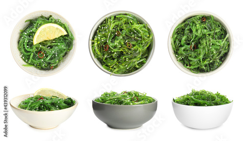 Japanese seaweed salad in bowls on white background, collage