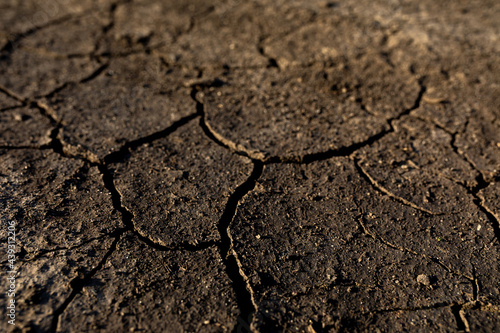 Global warming and shortage of water on the planet. Drought, cracked ground. Natural texture of soil with cracks, wasteland. Symbol of weather and climate changes