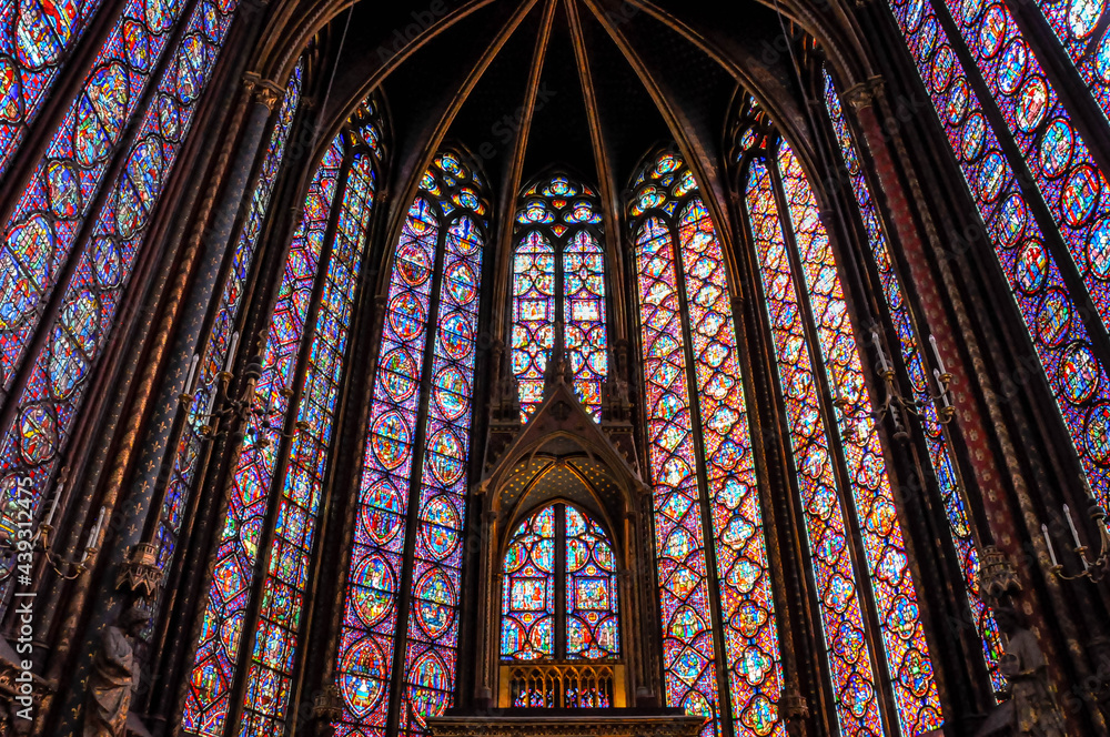 Interiors of an old church with stained glass windows