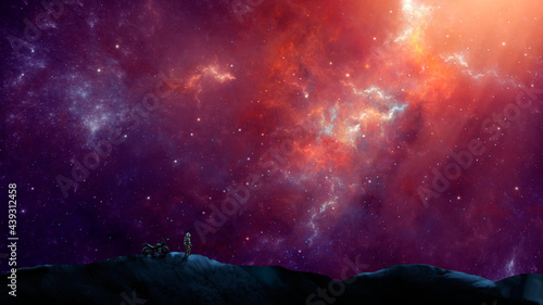 Silhouette astronaut and motorbike standing on mountain with colorful nebula. Space, motorbike, travel background. 3D rendering