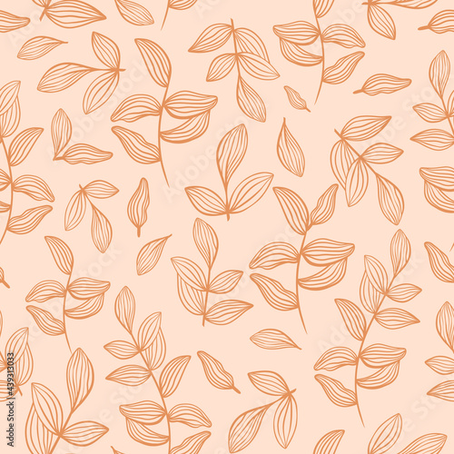 Autumn pattern with leaves, vector. A repeating pattern of fallen leaves on an orange background. Botanical floral backdrop.
