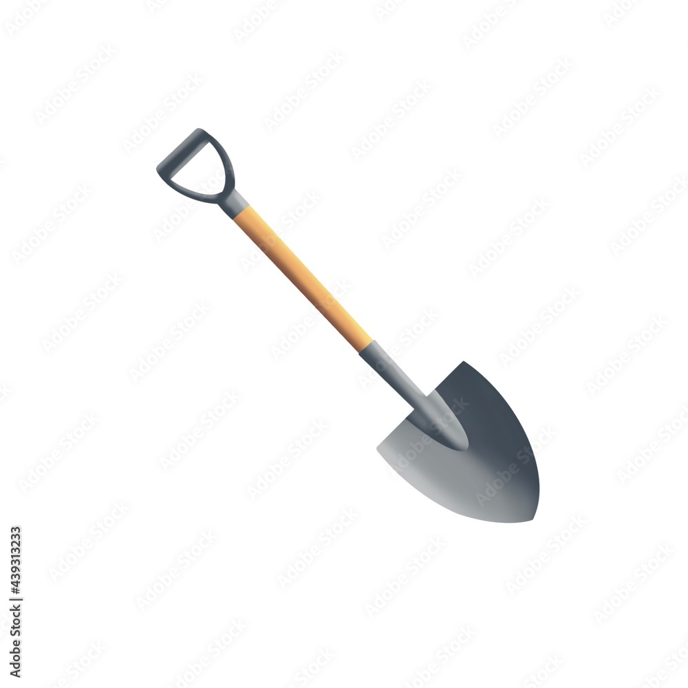 Gardening metal shovel with a wood handle on a white background, a separate item.