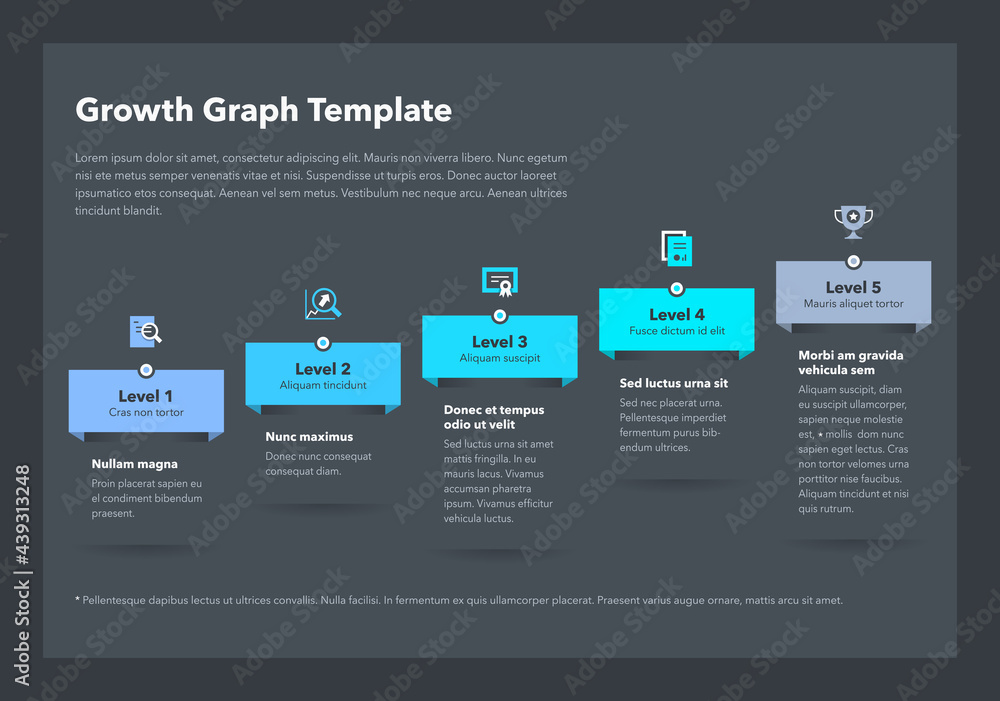 Modern business growth graph template with five successive steps - dark version. Easy to use for your website or presentation.