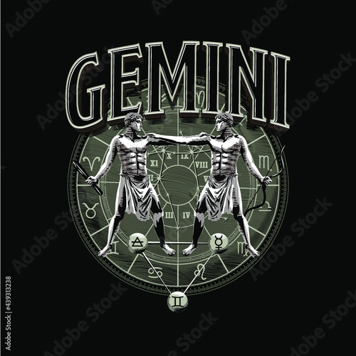 Signo Astrológico de Géminis. Gemini Astrología. Zodíaco. Castor y Polux. Tarjeta de brujería. Dibujo a mano, personaje masculino de leyenda mágico. Horóscopo. Mito. Mitológico