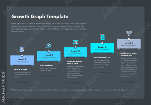 Modern business growth graph template with five successive steps - dark version. Easy to use for your website or presentation.