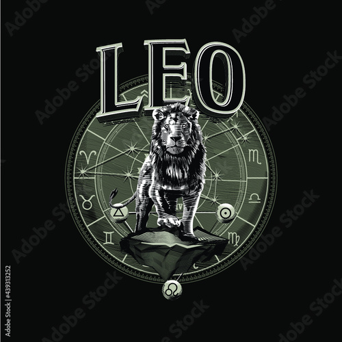 Signo Astrol  gico de Leo. Astrolog  a. Zod  aco. Le  n. Tarjeta de brujer  a. Dibujo a mano  personaje de leyenda animal m  gico. Hor  scopo. Mito. Mitol  gico