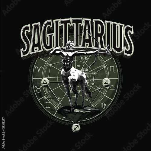 Signo Astrológico de Sagitario. Astrología. Zodíaco. Centauro. Tarjeta de brujería. Dibujo a mano, personaje masculino animal mágico. Horóscopo. Mito. Mitológico