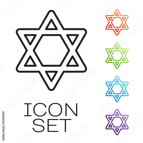 Black line Star of David icon isolated on white background. Jewish religion symbol. Symbol of Israel. Set icons colorful. Vector