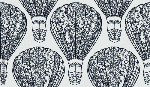 Seamless vector pattern with line drawn decorative  stylized balloon with basket for travel and romantic dates. Coloring page for adults. Beautiful aircrafts