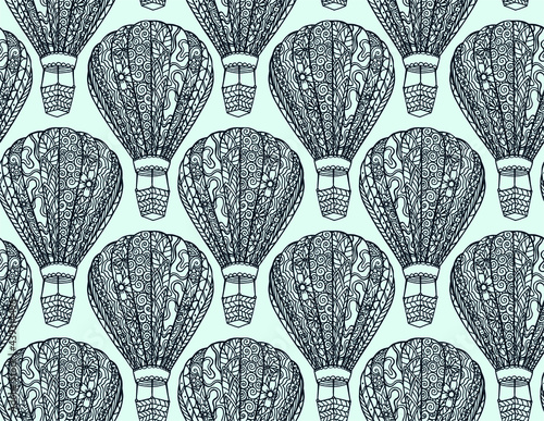 Seamless vector pattern with line drawn decorative  stylized balloon with basket for travel and romantic dates. Coloring page for adults. Beautiful aircrafts