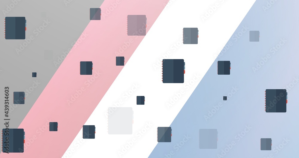 Naklejka premium Composition of black notebooks with dividers floating on grey, pink and white banded background