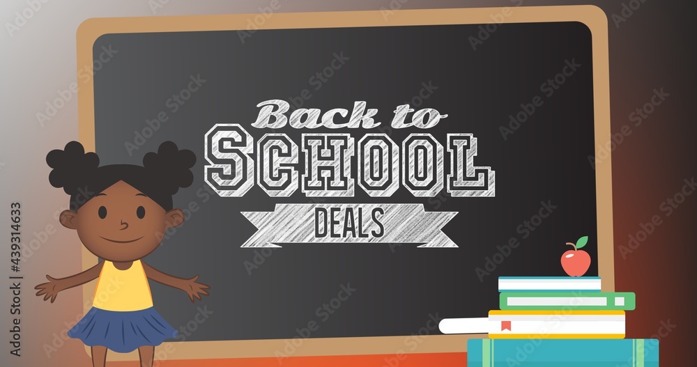 Composition of text back to school deals on chalkboard with cartoon schoolgirl, books and apple Composition of text back to school deals on chalkboard with cartoon schoolgirl, books and apple