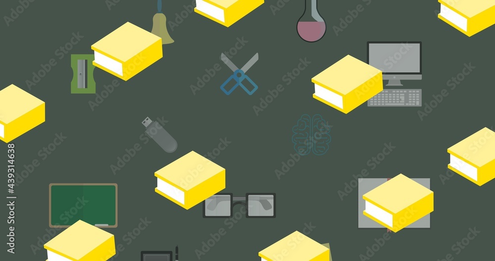 Composition of yellow books over school equipment icons on chalkboard Composition of yellow books over school equipment icons on chalkboard