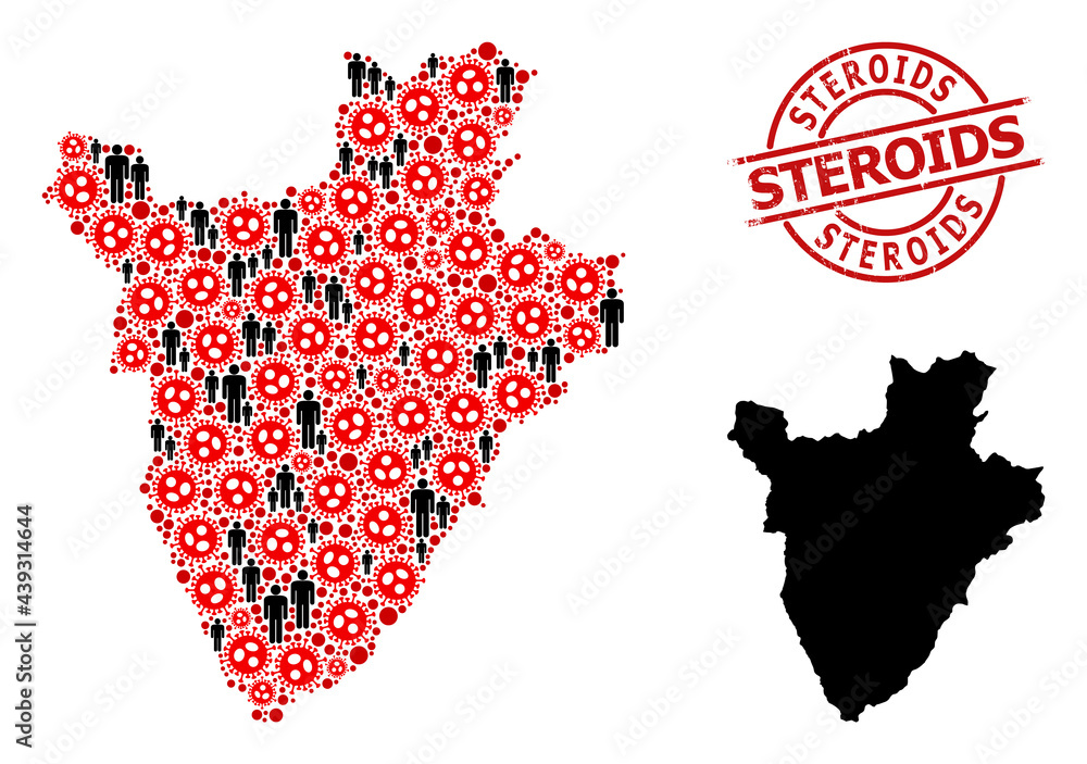 Fototapeta premium Mosaic map of Burundi organized from virus outbreak icons and men items. Steroids scratched seal stamp. Black men icons and red virus elements. Steroids text inside round seal stamp.