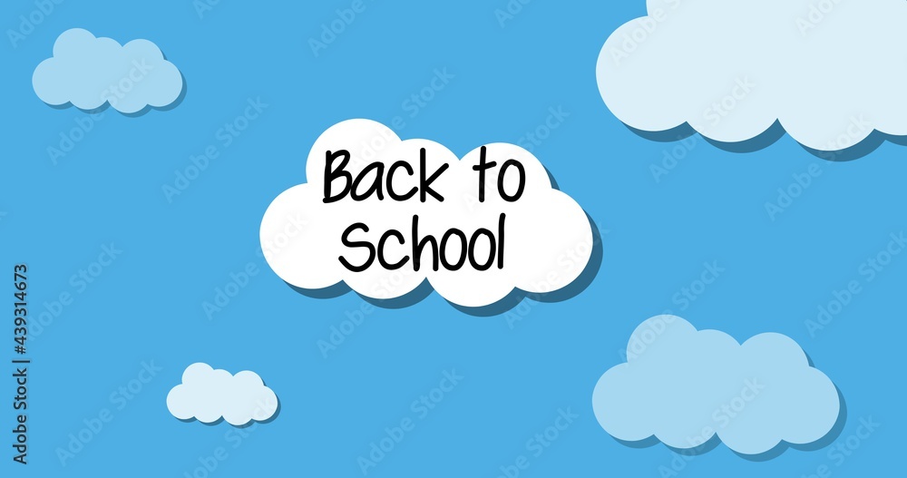 Composition of back to school in black text on white cloud in blue cloudy sky