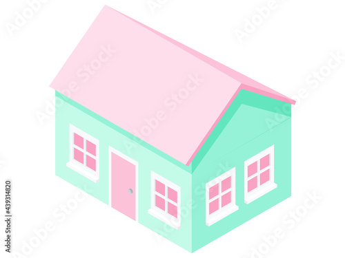 Simple Flat Isometric Light Blue and Pink Color House Vector Illustration Icon