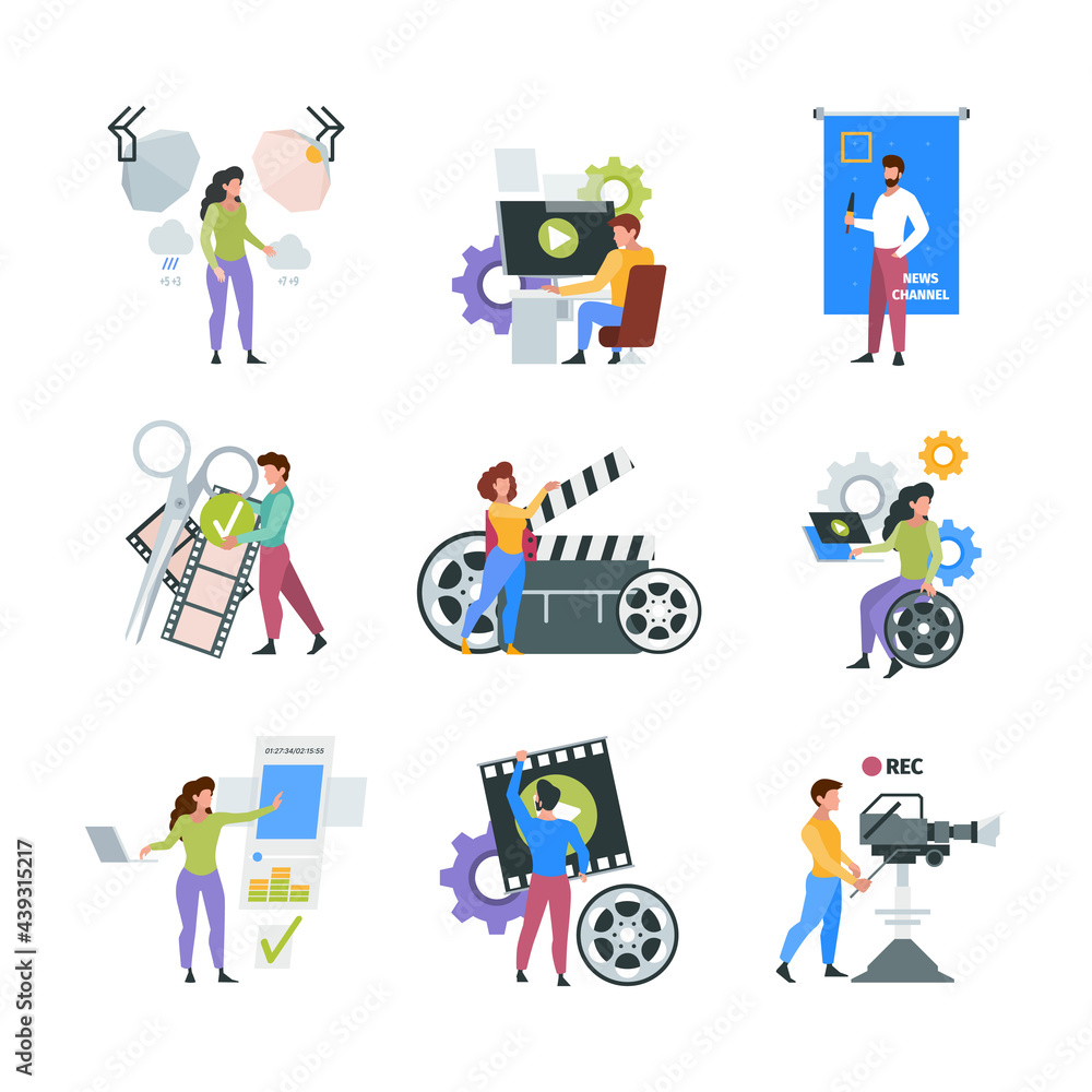 Video production. Filmmaker characters shooting and filming on cameras videography multimedia concept pictures garish vector collection of flat illustrations Video production. Filmmaker characters shooting and filming on cameras videography multimedia concept pictures garish vector collection of flat illustrations