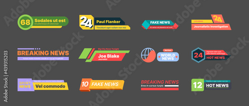 Breaking news banners. Graphic bars with text titles abstract geometrical shapes modern lines for video tv screen garish vector breaking news templates