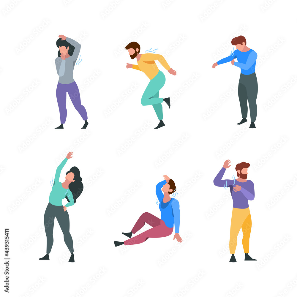 Sweaty people. Summer hot time spot hygiene arms smelly wet clothes body care garish vector illustrations set isolated cartoon characters Sweaty people. Summer hot time spot hygiene arms smelly wet clothes body care garish vector illustrations set isolated cartoon characters