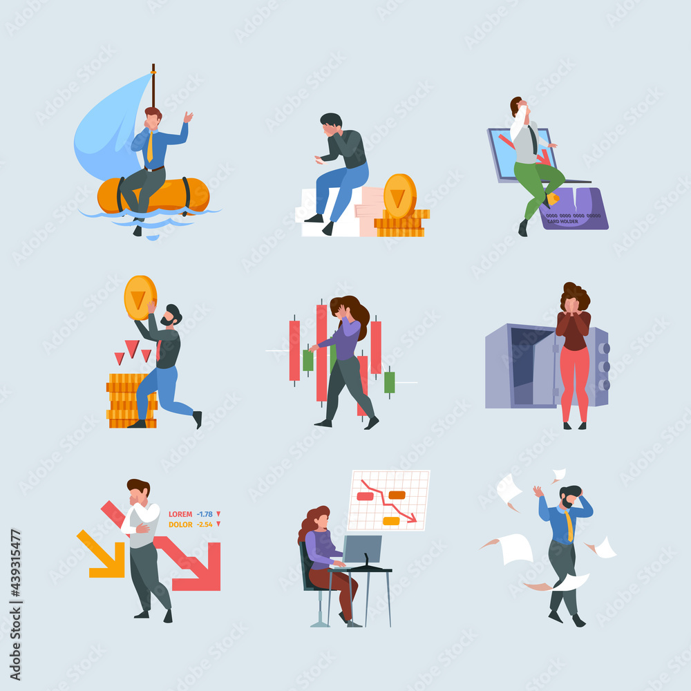 Financial crisis. Business collapse money fail financial problems bankruptcy loss cash garish vector concept illustrations in flat style Financial crisis. Business collapse money fail financial problems bankruptcy loss cash garish vector concept illustrations in flat style