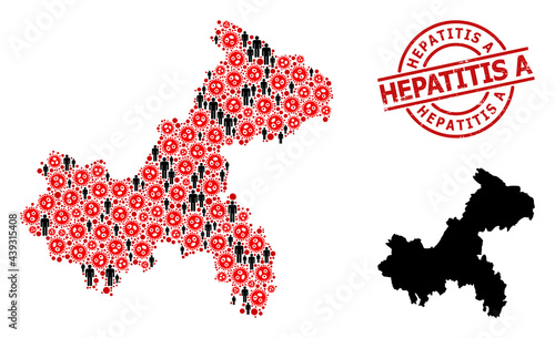 Mosaic map of Chongqing Municipality constructed from sars virus icons and men icons. Hepatitis A scratched stamp. Black men icons and red virus outbreak elements.