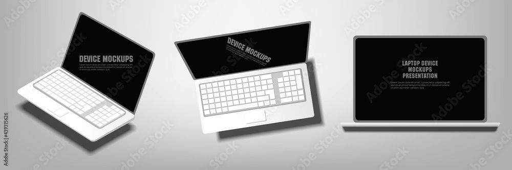 Realistic laptop with blank black screen. Laptop isolated template for web and mobile applications. Laptop presentation. Top, side view of Laptop in isometric 3D projection Realistic laptop with blank black screen. Laptop isolated template for web and mobile applications. Laptop presentation. Top, side view of Laptop in isometric 3D projection