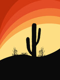 Abstract retro style desert sunset illustration with yellow, orange and red curvy stripes and cactus decoration