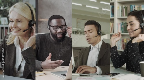 Call Center Support staff Collage. Workers with headsets in the process