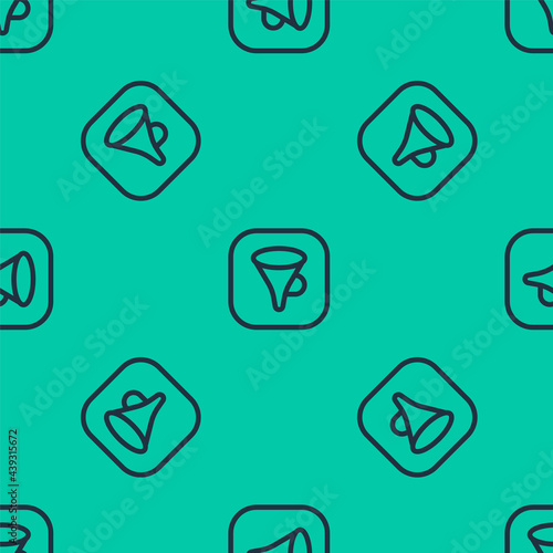 Blue line Funnel or filter icon isolated seamless pattern on green background. Vector