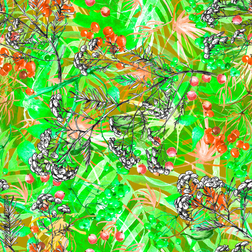 Watercolor leaves of a tree, palms, bamboo, tansy, immortelle. abstract splash. Watercolor abstract seamless background, pattern, spot, splash of paint, branch with berry.Tropic pattern © helgafo