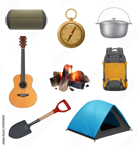 Camping elements. Realistic campfire tent guitar backpack for travellers decent vector set pictures collection adventures symbols