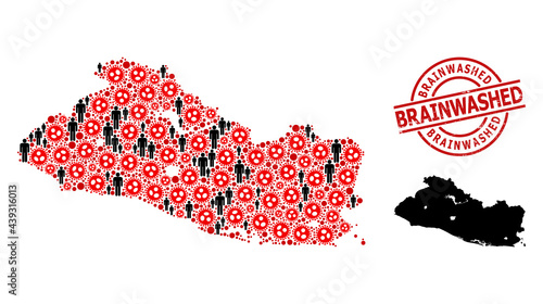 Collage map of El Salvador united from covid-2019 elements and men elements. Brainwashed textured seal stamp. Black man items and red covid infection items. Brainwashed text inside round seal stamp.