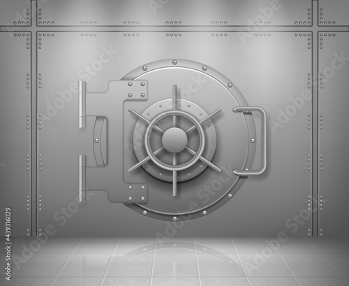 Steel bank doors. Concept of save money and treasures metal or steel protection doors empty storage decent vector realistic background