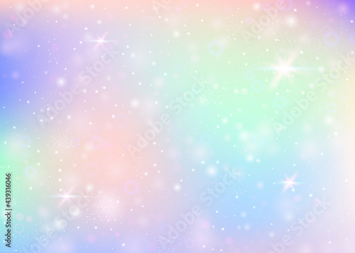 Fairy background with rainbow mesh. Girlie universe banner in princess colors. Fantasy gradient backdrop with hologram. Holographic fairy background with magic sparkles, stars and blurs.