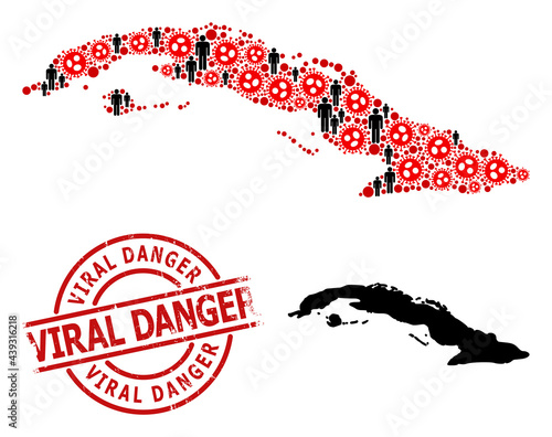 Mosaic map of Cuba composed of sars virus elements and population elements. Viral Danger grunge seal stamp. Black crowd elements and red virus elements. Viral Danger caption inside round watermark.