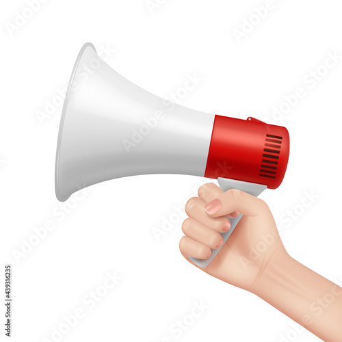 Megaphone in hand. Lifeguard talking in loud speaker businessman holding megaphone and speaking about ads announce alarm voice decent vector template