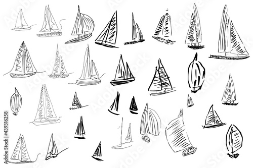 A set of images of yachts, sailing boats drawn by hand in a simple style. Vector illustration.