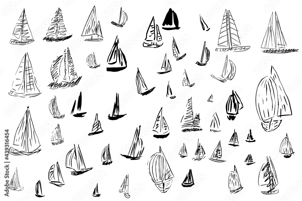 Fototapeta premium A set of images of yachts, sailing boats drawn by hand in a simple style. Vector illustration.