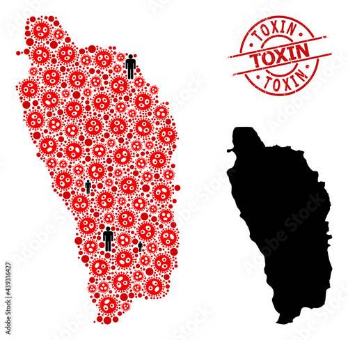 Collage map of Dominica Island organized from sars virus icons and population icons. Toxin grunge seal stamp. Black person elements and red SARS virus elements. Toxin caption inside round stamp.