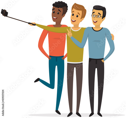 Group of male friends taking selfie photo with smartphone. Young people having fun and making selfie. Friendship and technology concept. Men with phone on monopod are posing for joint photo