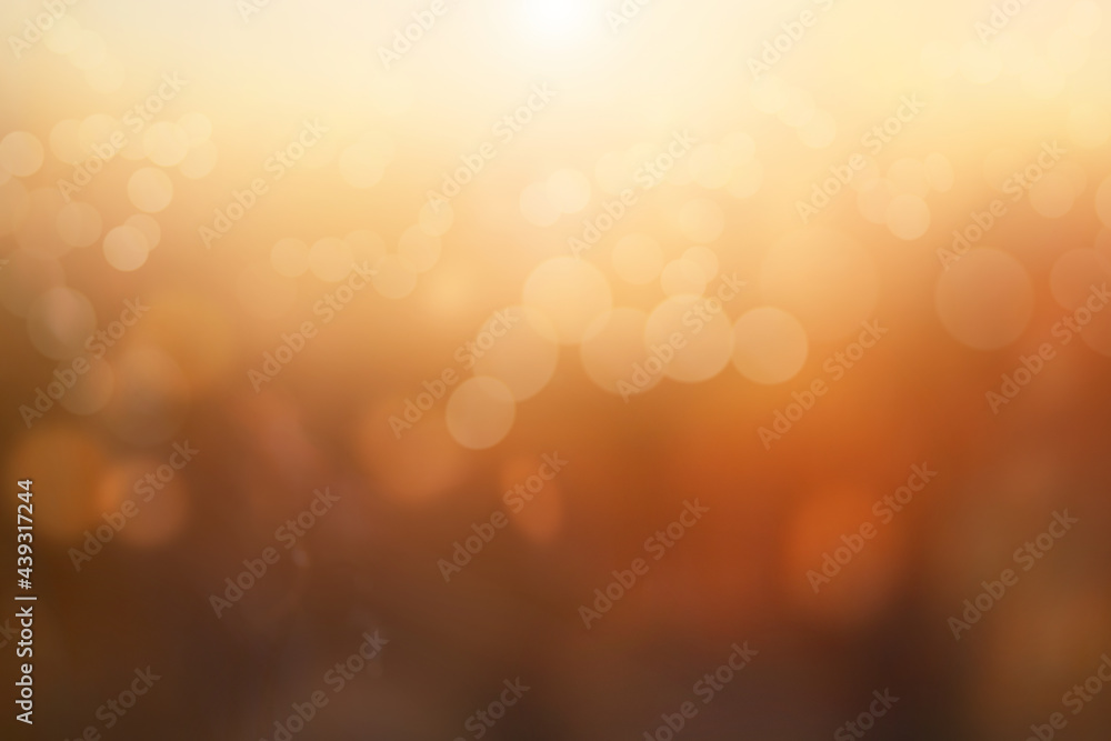 An autumn blurred abstract nature background image of a golden yellow and brown autumn landscape at sunset.