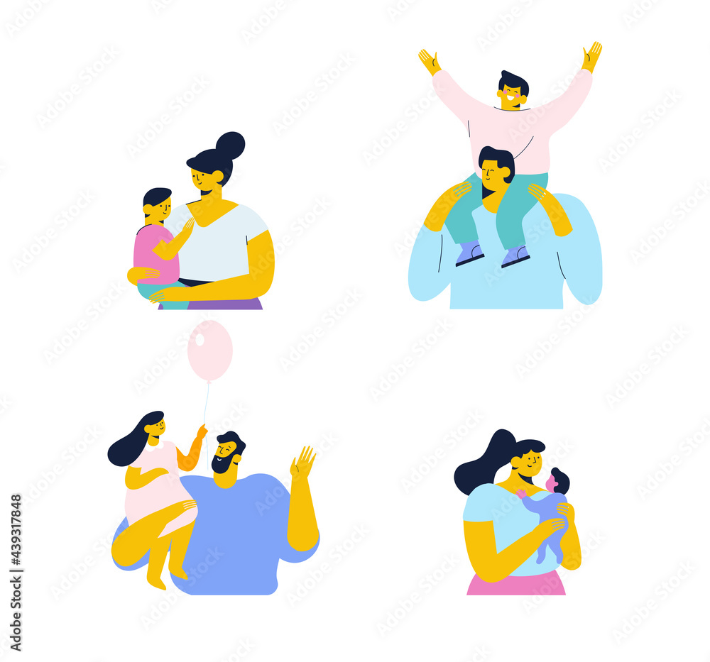 Mother with kid, family, parents flat vector collection