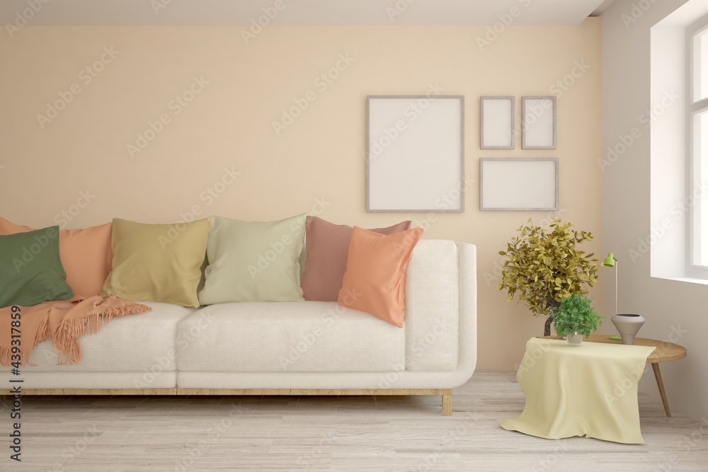 Fototapeta premium White living room with sofa. Scandinavian interior design. 3D illustration