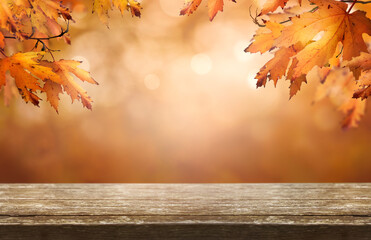 A wood table product display with copyspace and a golden brown autumn background of leaves for Thanksgiving and other seasonal messages.