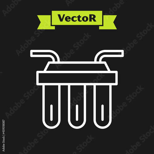 White line Water filter icon isolated on black background. System for filtration of water. Reverse osmosis system. Vector