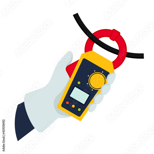 Hand holding clamp meter icon. Clipart image isolated on white background photo