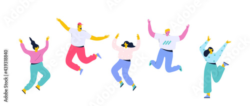 Happy people jumping with raising hands. Party  celebration